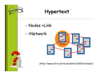 Hypertext

-  Nodes +Link

-  >Network




       (http://www.inf.fu-berlin.de/lehre/SS01/hc/www/)
 