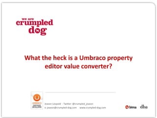 What the heck is a Umbraco property
      editor value converter?




      Jeavon Leopold - Twitter: @crumpled_jeavon
      e: jeavon@crumpled-dog.com www.crumpled-dog.com
 