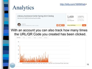 http://bitly.com/16KMHab+

Analytics

With an account you can also track how many times
the URL/QR Code you created has been clicked.

15

 