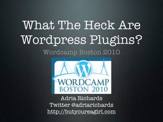 What The Heck Are
Wordpress Plugins?
   Wordcamp Boston 2010




         Adria Richards
     Twitter @adriarichards
    http://butyoureagirl.com
 
