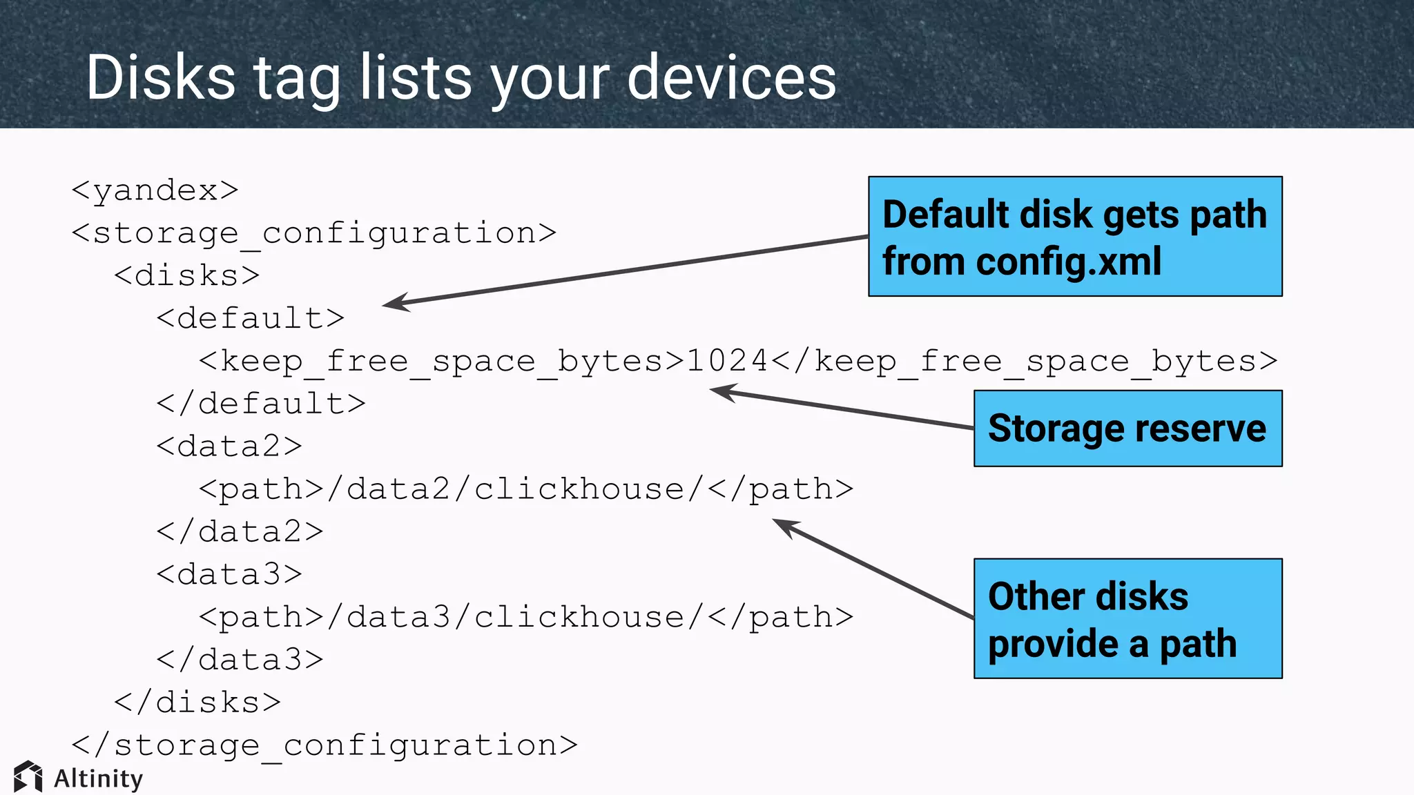 <yandex>
<storage_configuration>
<disks>
<default>
<keep_free_space_bytes>1024</keep_free_space_bytes>
</default>
<data2>
<path>/data2/clickhouse/</path>
</data2>
<data3>
<path>/data3/clickhouse/</path>
</data3>
</disks>
</storage_configuration>
Disks tag lists your devices
Default disk gets path
from conﬁg.xml
Other disks
provide a path
Storage reserve
 