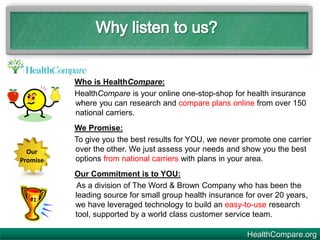 Who is HealthCompare:
HealthCompare is your online one-stop-shop for health insurance
where you can research and compare plans online from over 150
national carriers.
We Promise:
To give you the best results for YOU, we never promote one carrier
over the other. We just assess your needs and show you the best
options from national carriers with plans in your area.
Our Commitment is to YOU:
As a division of The Word & Brown Company who has been the
leading source for small group health insurance for over 20 years,
we have leveraged technology to build an easy-to-use research
tool, supported by a world class customer service team.
HealthCompare.org
Our
Promise
 