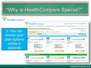 2. You can
review your
plan options
online in
seconds
“Why is HealthCompare Special?”
HealthCompare.org
 