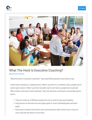 What The Heck Is Executive Coaching?
Blog, Executive Coaching
“What the heck is executive coaching?” I get asked that question many times a day.
I admit that coaching is a nebulous term. When I say that I’m a certiﬁed coach, people ask if I
coach sports teams. When I say that I actually coach work teams, people look surprised.
‘Why would a work team need coaching?’, they ask. Because work teams are just like sports
teams:
They are made up of different people who try to reach a team goal together.
Each person on the team has two types goals in mind: individual goals and team
goals.
Every team member has his/her own communication style, which may or may not
work well with the others on the team.
 Menu
 