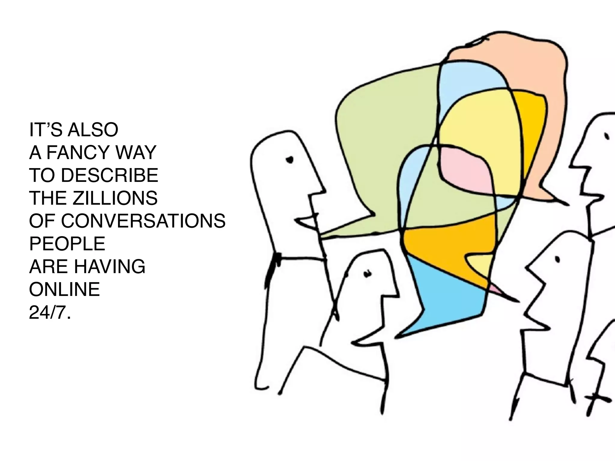 ITʼS ALSO
A FANCY WAY
TO DESCRIBE
THE ZILLIONS
OF CONVERSATIONS
PEOPLE
ARE HAVING
ONLINE
24/7.
 