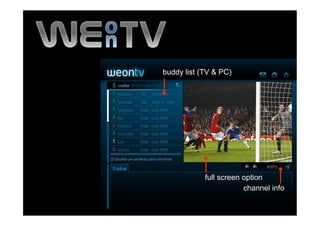 buddy list (TV & PC)
Clique para editar os estilos
   •  Segundo nível
       •  Terceiro nível




                                            full screen option
                                                        channel info

                                                 7
 