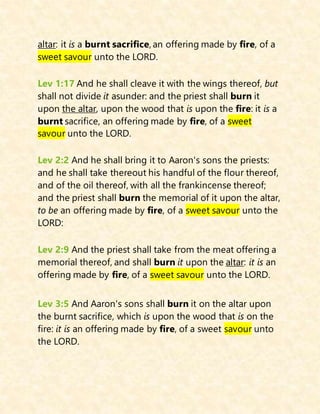 altar: it is a burnt sacrifice, an offering made by fire, of a
sweet savour unto the LORD.
Lev 1:17 And he shall cleave it with the wings thereof, but
shall not divide it asunder: and the priest shall burn it
upon the altar, upon the wood that is upon the fire: it is a
burnt sacrifice, an offering made by fire, of a sweet
savour unto the LORD.
Lev 2:2 And he shall bring it to Aaron's sons the priests:
and he shall take thereout his handful of the flour thereof,
and of the oil thereof, with all the frankincense thereof;
and the priest shall burn the memorial of it upon the altar,
to be an offering made by fire, of a sweet savour unto the
LORD:
Lev 2:9 And the priest shall take from the meat offering a
memorial thereof, and shall burn it upon the altar: it is an
offering made by fire, of a sweet savour unto the LORD.
Lev 3:5 And Aaron's sons shall burn it on the altar upon
the burnt sacrifice, which is upon the wood that is on the
fire: it is an offering made by fire, of a sweet savour unto
the LORD.
 