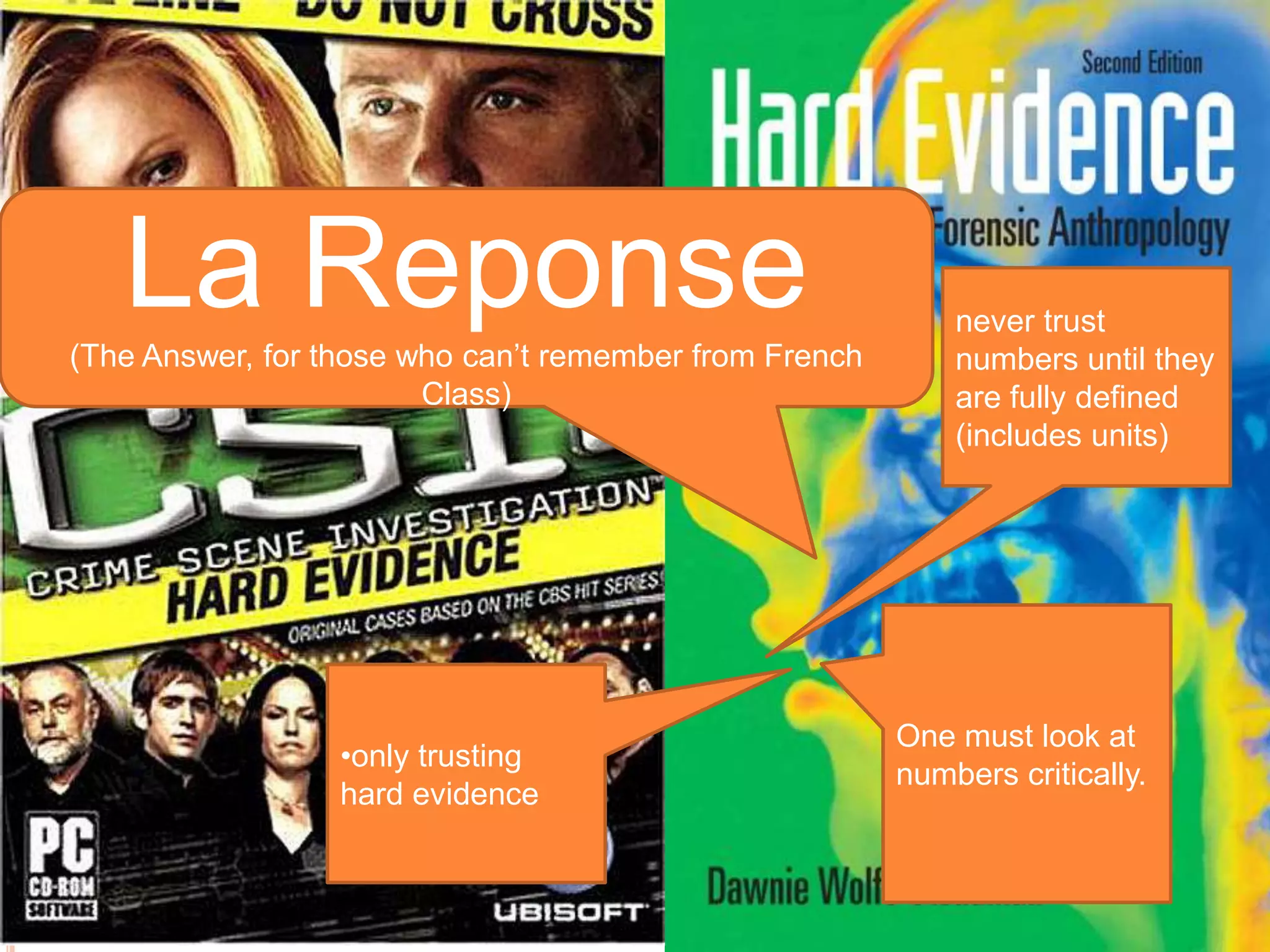 La Reponse(The Answer, for those who can’t remember from French Class)never trust numbers until they are fully defined (includes units)One must look at numbers critically. only trusting hard evidenceContinued percents of percents are crazy, do not confuse them, remember which applies to which