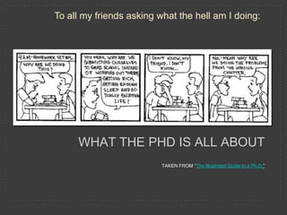 To all my friends asking what the hell am I doing:




     WHAT THE PHD IS ALL ABOUT
                          TAKEN FROM “The Illustrated Guide to a Ph.D.”
 