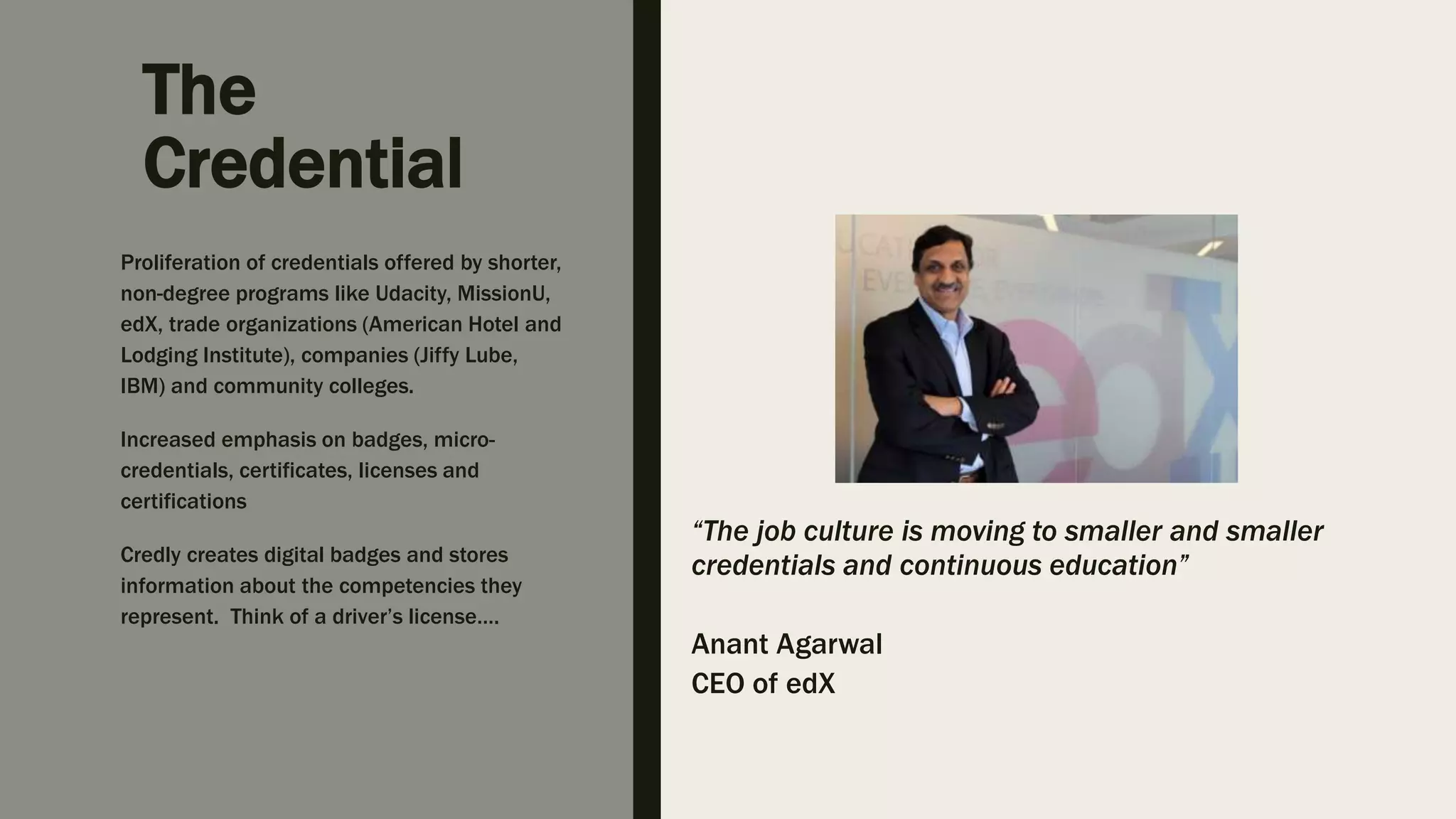 The
Credential
“The job culture is moving to smaller and smaller
credentials and continuous education”
Anant Agarwal
CEO of edX
Proliferation of credentials offered by shorter,
non-degree programs like Udacity, MissionU,
edX, trade organizations (American Hotel and
Lodging Institute), companies (Jiffy Lube,
IBM) and community colleges.
Increased emphasis on badges, micro-
credentials, certificates, licenses and
certifications
Credly creates digital badges and stores
information about the competencies they
represent. Think of a driver’s license….
 