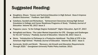 Suggested Reading:
■ Doughtery, Shaun. “Career and Technical Education in High School: Does It Improve
Student Outcomes.” Fordham. April 2016.
■ Catellano, Sundell and Richardson. “Achievement Outcomes Among High School
Graudates in College and Career Readiness Programs of Study.” Peabody Journal of
Education. Volume 92, 2017. Issue 2
■ Pappano, Laura. “Is the College Degree Outdated?” Higher Education. April 27, 2017.
■ Stringfield and Stone. “The Labor Market Imperative for CTE: Changes and Challenges
for the 21st Century.” Peabody Journal of Education. Volume 92, 2017. Issue 2.
■ Stone. “Introduction to Pathways to a Productive Adulthood: The Role of CTE in the
American High School.” Peabody Journal of Education. Volume 92, 2017. Issue 2.
■ Carnevale, Smith and Strohl. “Recovery: Job Growth and Education Requirements
Through 2020.” Georgetown University Public Policy Institute. 2013.
 