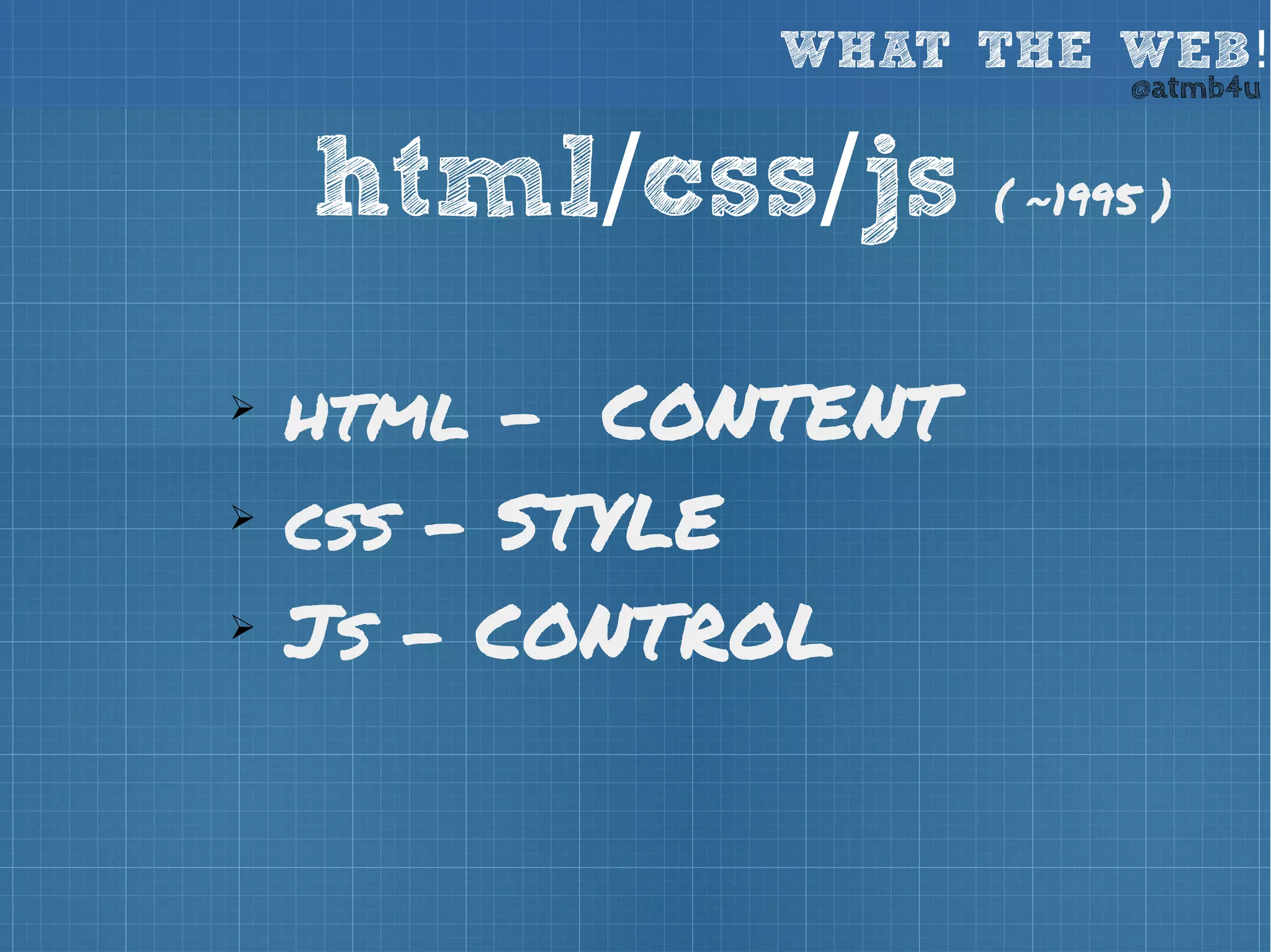 WHAT THE WEB! @atmb4u 
html/css/js ( ~1995 ) 
➢ html - CONTENT 
➢ css – STYLE 
➢ Js - CONTROL 
 