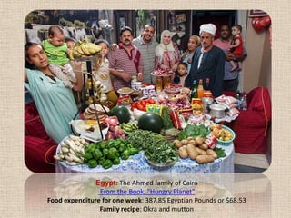 Egypt: The Ahmed family of Cairo From the Book, "Hungry Planet" Food expenditure for one week: 387.85 Egyptian Pounds or $68.53Family recipe: Okra and mutton