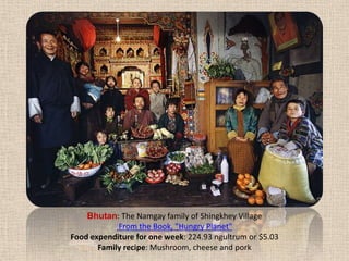 Bhutan: The Namgay family of Shingkhey Village From the Book, "Hungry Planet" Food expenditure for one week: 224.93 ngultrum or $5.03Family recipe: Mushroom, cheese and pork