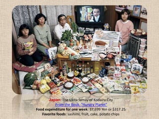 Japan: The Ukita family of KodairaCity       From the Book, "Hungry Planet"Food expenditure for one week: 37,699 Yen or $317.25Favorite foods: sashimi, fruit, cake, potato chips