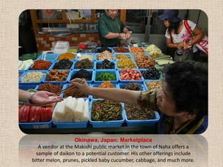 Okinawa, Japan: MarketplaceA vendor at the Makishi public market in the town of Naha offers a sample of daikon to a potential customer. His other offerings include bitter melon, prunes, pickled baby cucumber, cabbage, and much more.