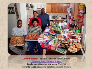 United States: The Revis family of North Carolina From the Book, "Hungry Planet" Food expenditure for one week: $341.98 Favorite foods: spaghetti, potatoes, sesame chicken