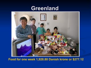 Greenland  Food for one week 1,928.80 Danish krone or $277.12  