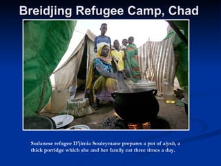 Breidjing Refugee Camp, Chad   Sudanese refugee D'jimia Souleymane prepares a pot of  aiysh , a thick porridge which she and her family eat three times a day.  
