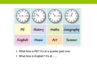  What time is PE? It’s at a quarter past nine.
 What time is English? It’s at……
 