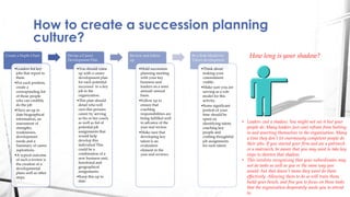 How to create a succession planning
culture?
Create a Depth Chart
•Leaders list key
jobs that report to
them
•For each pos...