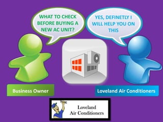 YES, DEFINETLY I
WILL HELP YOU ON
THIS
WHAT TO CHECK
BEFORE BUYING A
NEW AC UNIT?
Business Owner Loveland Air Conditioners
 