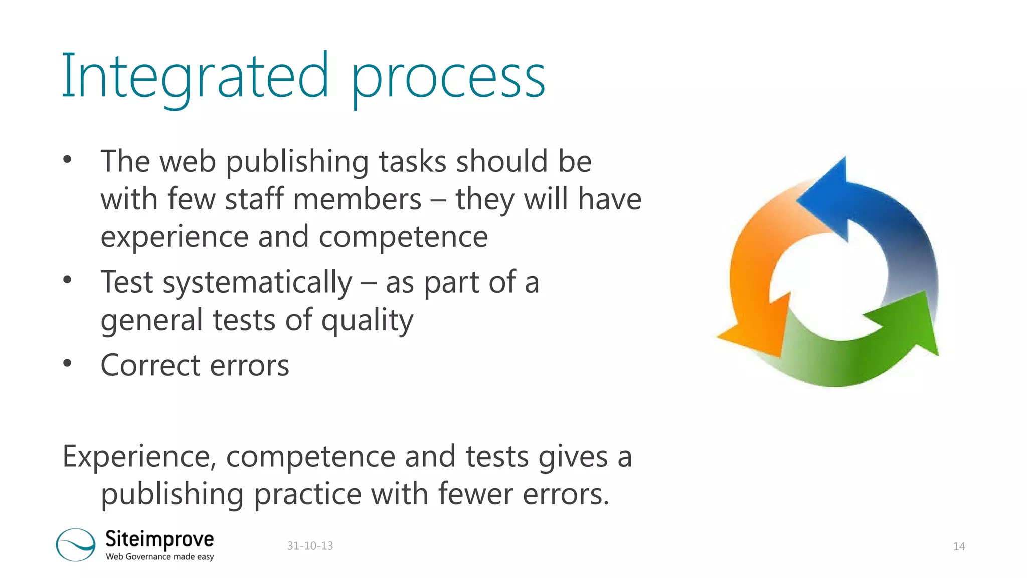 Integrated process
• The web publishing tasks should be
with few staff members – they will have
experience and competence
• Test systematically – as part of a
general tests of quality
• Correct errors
Experience, competence and tests gives a
publishing practice with fewer errors.
31-10-13

14

 