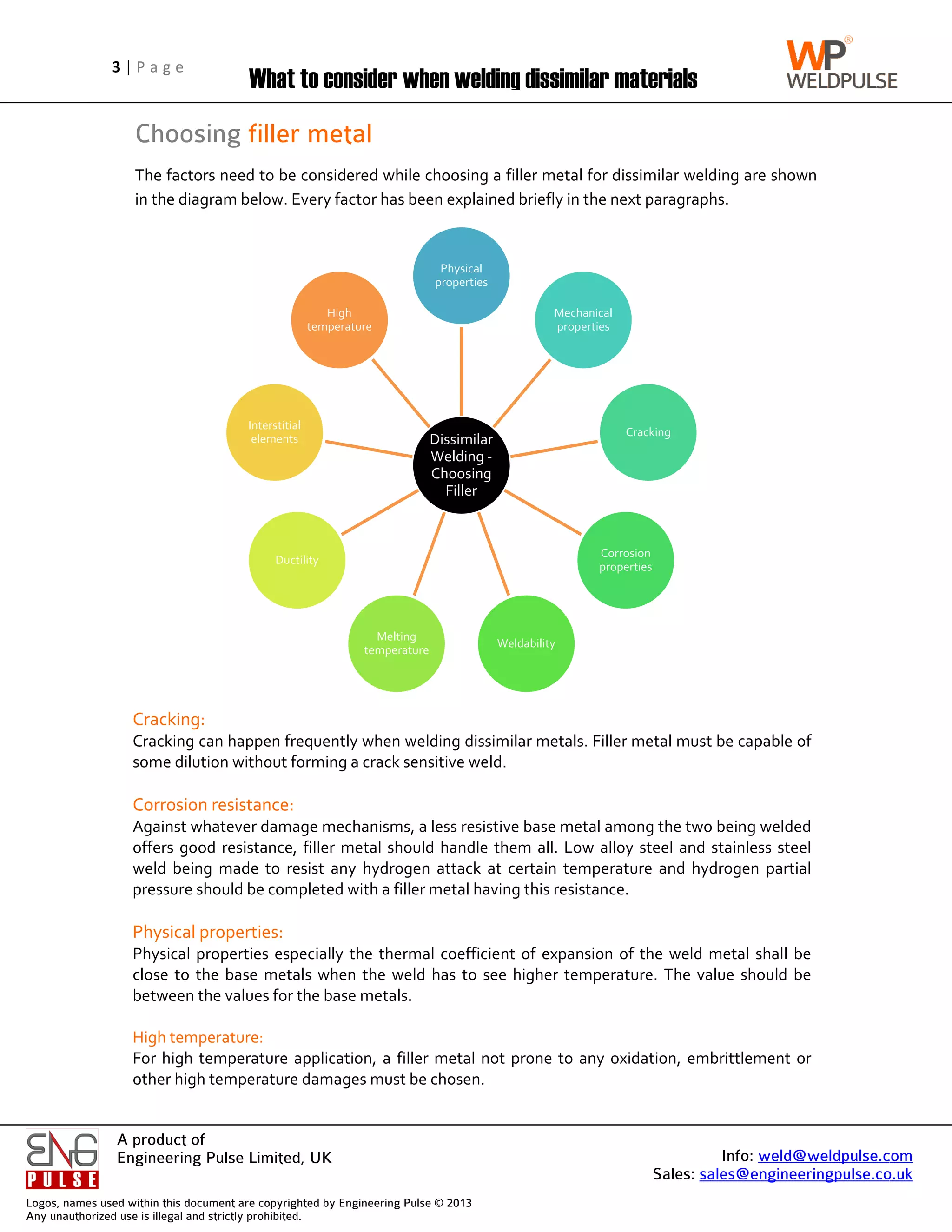 Logos, name
Any unautho
3 | P a g e
A product of
Engineering Pulse Limited, UK
es used within this
horized use is illega
Choosing
The factors need to be considered while
in the diagram below. Every factor has been explained briefly in the next paragraphs.
Cracking:
Cracking can happen frequently when welding dissimilar metals.
some dilution without forming a crack sensitive weld.
Corrosion resistance:
Against whatever damage mechanisms, a less resistive base metal among the two being welded
offers good resistance, filler metal should handle them all. Low alloy steel and stainless steel
weld being made to resist any hydrogen attack
pressure should be completed with a filler metal having this resistance.
Physical properties:
Physical properties especially the thermal coefficient of expansion of the weld metal shall be
close to the base meta
between the values for the base metals.
High temperature:
For high temperature application, a filler metal not prone to any oxidation, embrittlement or
other high temperature damages must be chosen.
P a g e
A product of
Engineering Pulse Limited, UK
his document are co
gal and strictly proh
What to consider when welding dissimilar materials
Choosing filler metal
The factors need to be considered while
in the diagram below. Every factor has been explained briefly in the next paragraphs.
Cracking:
Cracking can happen frequently when welding dissimilar metals.
some dilution without forming a crack sensitive weld.
Corrosion resistance:
Against whatever damage mechanisms, a less resistive base metal among the two being welded
offers good resistance, filler metal should handle them all. Low alloy steel and stainless steel
weld being made to resist any hydrogen attack
pressure should be completed with a filler metal having this resistance.
Physical properties:
Physical properties especially the thermal coefficient of expansion of the weld metal shall be
close to the base meta
between the values for the base metals.
High temperature:
For high temperature application, a filler metal not prone to any oxidation, embrittlement or
other high temperature damages must be chosen.
Interstitial
elements
Engineering Pulse Limited, UK
copyrighted by Eng
ohibited.
hat to consider when welding dissimilar materials
Fig. 1 Representation of properties linked with Ferrite Number
filler metal
The factors need to be considered while
in the diagram below. Every factor has been explained briefly in the next paragraphs.
Cracking can happen frequently when welding dissimilar metals.
some dilution without forming a crack sensitive weld.
Corrosion resistance:
Against whatever damage mechanisms, a less resistive base metal among the two being welded
offers good resistance, filler metal should handle them all. Low alloy steel and stainless steel
weld being made to resist any hydrogen attack
pressure should be completed with a filler metal having this resistance.
Physical properties:
Physical properties especially the thermal coefficient of expansion of the weld metal shall be
close to the base metals when the weld has to see higher temperature.
between the values for the base metals.
For high temperature application, a filler metal not prone to any oxidation, embrittlement or
other high temperature damages must be chosen.
Ductility
Interstitial
elements
High
temperature
ngineering Pulse ©
hat to consider when welding dissimilar materials
Fig. 1 Representation of properties linked with Ferrite Number
filler metal
The factors need to be considered while choosing a filler metal for
in the diagram below. Every factor has been explained briefly in the next paragraphs.
Cracking can happen frequently when welding dissimilar metals.
some dilution without forming a crack sensitive weld.
Against whatever damage mechanisms, a less resistive base metal among the two being welded
offers good resistance, filler metal should handle them all. Low alloy steel and stainless steel
weld being made to resist any hydrogen attack
pressure should be completed with a filler metal having this resistance.
Physical properties especially the thermal coefficient of expansion of the weld metal shall be
ls when the weld has to see higher temperature.
between the values for the base metals.
For high temperature application, a filler metal not prone to any oxidation, embrittlement or
other high temperature damages must be chosen.
Dissimilar
Welding
Choosing
Physical
properties
Melting
temperature
temperature
© 2013
hat to consider when welding dissimilar materials
Fig. 1 Representation of properties linked with Ferrite Number
choosing a filler metal for
in the diagram below. Every factor has been explained briefly in the next paragraphs.
Cracking can happen frequently when welding dissimilar metals.
some dilution without forming a crack sensitive weld.
Against whatever damage mechanisms, a less resistive base metal among the two being welded
offers good resistance, filler metal should handle them all. Low alloy steel and stainless steel
weld being made to resist any hydrogen attack at certain temperature and hydrogen partial
pressure should be completed with a filler metal having this resistance.
Physical properties especially the thermal coefficient of expansion of the weld metal shall be
ls when the weld has to see higher temperature.
For high temperature application, a filler metal not prone to any oxidation, embrittlement or
other high temperature damages must be chosen.
Dissimilar
Welding -
Choosing
Filler
Physical
properties
Weldability
hat to consider when welding dissimilar materials
Fig. 1 Representation of properties linked with Ferrite Number
choosing a filler metal for dissimilar welding are
in the diagram below. Every factor has been explained briefly in the next paragraphs.
Cracking can happen frequently when welding dissimilar metals. Filler metal must be capable of
Against whatever damage mechanisms, a less resistive base metal among the two being welded
offers good resistance, filler metal should handle them all. Low alloy steel and stainless steel
at certain temperature and hydrogen partial
pressure should be completed with a filler metal having this resistance.
Physical properties especially the thermal coefficient of expansion of the weld metal shall be
ls when the weld has to see higher temperature.
For high temperature application, a filler metal not prone to any oxidation, embrittlement or
Mechanical
properties
Corrosion
properties
Weldability
Sales: sales@engineeringpulse.co.uk
hat to consider when welding dissimilar materials
Fig. 1 Representation of properties linked with Ferrite Number
dissimilar welding are
in the diagram below. Every factor has been explained briefly in the next paragraphs.
Filler metal must be capable of
Against whatever damage mechanisms, a less resistive base metal among the two being welded
offers good resistance, filler metal should handle them all. Low alloy steel and stainless steel
at certain temperature and hydrogen partial
pressure should be completed with a filler metal having this resistance.
Physical properties especially the thermal coefficient of expansion of the weld metal shall be
ls when the weld has to see higher temperature. The value should be
For high temperature application, a filler metal not prone to any oxidation, embrittlement or
Cracking
Corrosion
properties
Info: weld@weldpulse.com
sales@engineeringpulse.co.uk
Fig. 1 Representation of properties linked with Ferrite Number
dissimilar welding are shown
in the diagram below. Every factor has been explained briefly in the next paragraphs.
Filler metal must be capable of
Against whatever damage mechanisms, a less resistive base metal among the two being welded
offers good resistance, filler metal should handle them all. Low alloy steel and stainless steel
at certain temperature and hydrogen partial
Physical properties especially the thermal coefficient of expansion of the weld metal shall be
The value should be
For high temperature application, a filler metal not prone to any oxidation, embrittlement or
weld@weldpulse.com
sales@engineeringpulse.co.uk
shown
Filler metal must be capable of
Against whatever damage mechanisms, a less resistive base metal among the two being welded
offers good resistance, filler metal should handle them all. Low alloy steel and stainless steel
at certain temperature and hydrogen partial
Physical properties especially the thermal coefficient of expansion of the weld metal shall be
The value should be
For high temperature application, a filler metal not prone to any oxidation, embrittlement or
weld@weldpulse.com
sales@engineeringpulse.co.uk
 
