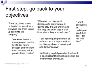 First step: go back to your
   objectives
                                           “We want our directors to             “I want
      “The executives should               demonstrate commitment by             executives
      be treated as investors –            ‘pay to play’ but we understand       to
      we would like them to put            that they are at a stage in their     participate
      up cash into the                     lives where they are cash poor!”      in a future
      company”
                                                                                 exit – but
             “We know that our              “I am keeping a tight control on     not until
             management team is             cash and so it is important that     then”
             key to our future              the directors have a meaningful
             success and we want            long-term incentive”
             them to share in the
             growth it has created”          “Achieving capital gains tax treatment
                                             is an important financial element of the
                                             incentive for executives.”

Tel: 07786 967 577 E: af@amandaflint.com
                                                                                          3
 