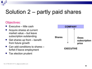 Solution 2 – partly paid shares
   Objectives:
       Executive – little cash                     COMPANY
       Acquire shares at current
        market value – but leave
        subscription outstanding           Shares             Owes
       Get shares up front – benefit                         subscription
        from future growth                                    price
       Can add conditions to shares –
                                                    EXECUTIVE
        forfeit if leave employment
       Tax election prudent


Tel: 07786 967 577 E: af@amandaflint.com
                                                                     8
 