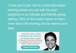 I invite you to join me for a free information
evening where you can ask me your
questions in an intimate and friendly group
setting. Click on the button below to learn
more about the evening and to reserve your
seat.
 