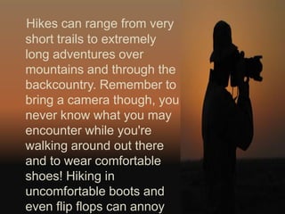 Hikes can range from very short trails to extremely long adventures over mountains and through the backcountry. Remember to bring a camera though, you never know what you may encounter while you're walking around out there and to wear comfortable shoes! Hiking in uncomfortable boots and even flip flops can annoy and stress you out rather than take it away.  