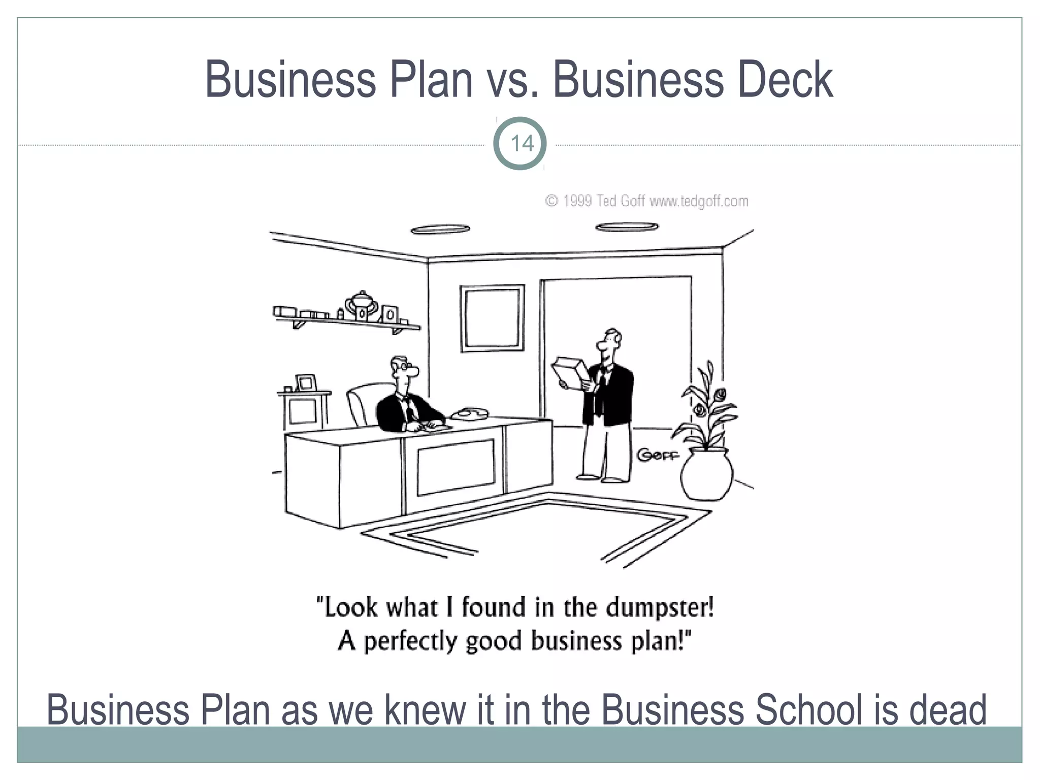 Business Plan vs. Business Deck
                            14




Business Plan as we knew it in the Business School is dead
 