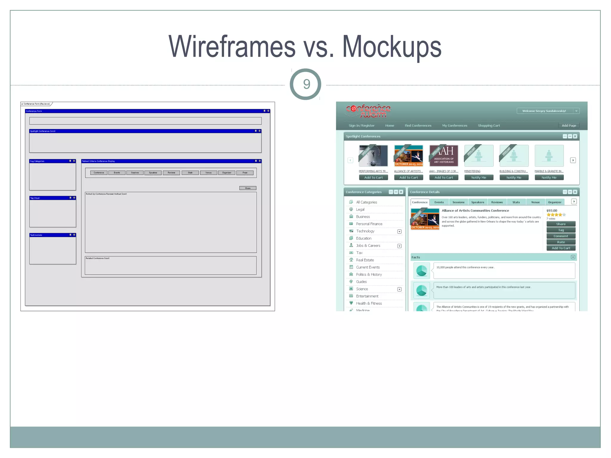 Wireframes vs. Mockups
          9
 