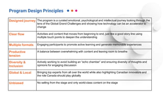 Designed journey The program is a curated emotional, psychological and intellectual journey looking through the
lens of the Global Grand Challenges and showing how technology can be an accelerator to
change
Clear flow Activities and content that moves from beginning to end, just like a good story line using
multiple touch points to deepen the understanding
Multiple formats Engaging participants to promote active learning and generate memorable experiences
Productive
tension
A balance between overwhelming with content and leaving room to breathe
Diversity &
Inclusion
Actively working to avoid building an “echo chamber” and ensuring diversity of thoughts and
opinions for engaging discussion
Global & Local Bringing top experts from all over the world while also highlighting Canadian innovators and
the role Canada should play globally
Unbiased No selling from the stage and only world-class content on the stage
Program Design Principles
 