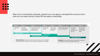 A D A B O W M A N | A B + P R O D U C T I O N
After you’ve reviewed the proposals, selected your new agency, and signed the contract, here’s
what you can expect during a typical 90-day agency onboarding.
 