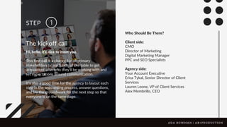 1
Who Should Be There?
Client side:
CMO
Director of Marketing
Digital Marketing Manager
PPC and SEO Specialists
Agency side:
Your Account Executive
Erica Tykal, Senior Director of Client
Services
Lauren Leone, VP of Client Services
Alex Membrillo, CEO
Hi, hello, it’s nice to meet you.
This first call is a chance for all primary
stakeholders on each side of the table to get
acquainted with who they’ll be working with and
set expectations around communication.
It’s also a good time for the agency to layout each
step in the onboarding process, answer questions,
and lay the groundwork for the next step so that
everyone is on the same page.
The kickoff call
STEP
A D A B O W M A N | A B + P R O D U C T I O N
 