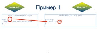 Пример 1
src/s/module-info.java
module s {
exports com.azul.services;
}
src/p/module-info.java
module p {
requires s;
}
Модуль S Модуль P
14
 