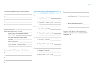 PAGE 11
List steps to get it linked into your unified database:
1)_______________________________________________
2)_______________________________________________
3)_______________________________________________
4)_______________________________________________
5)_______________________________________________
Data point/behavior #3: _____________________________
Is this information already captured? _________________
If yes, where is this information currently
being stored? _____________________________
If no, what needs to be done to capture
the data? _________________________________
Who is responsible? ________________________
Who’s the owner of this information? __________
__________________________________________
List steps to get it linked into your unified database:
1)_______________________________________________
2)_______________________________________________
3)_______________________________________________
4)_______________________________________________
5)_______________________________________________
What additional fields (e.g. birthdate, industry, etc.) do
you want to collect explicitly and add to your database?
1)_______________________________________________
a. How will you collect it?* ___________________	
_______________________________________
b.Where will the data be stored? ______________
_______________________________________
2)_______________________________________________
a. How will you collect it? ____________________ 	
________________________________________
b.Where will the data be stored? ______________
________________________________________
3)_______________________________________________
a. How will you collect it? ____________________
________________________________________
b.Where will the data be stored? ______________
________________________________________
4)_______________________________________________
a. How will you collect it? ____________________
________________________________________
b.Where will the data be stored? ______________
________________________________________
5)_____________________________________________
a. How will you collect it? __________________
______________________________________
b.Where will the data be stored? ____________
______________________________________
*Examples:SocialSign-In, ProgressiveWeb forms,
preference center, phone survey, data append from a
data agency, etc.
 