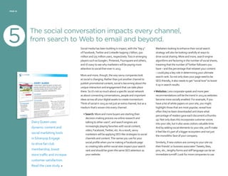 5
PAGE 18
The social conversation impacts every channel,
from search to Web to email and beyond.
Social media has been building in impact, with the “big 3”
of Facebook,Twitter and LinkedIn topping 1 billion, 500
million and 175 million users, respectively.Toss in emerging
players such asGoogle+, Pinterest, Foursquare and others,
and it’s easy to see why marketers will be paying more
attention to social than ever in 2013.
More and more, though, the way savvy companies look
at social is changing. Rather than just another channel to
publish promotional content, social is becoming about the
unique interaction and engagement that can take place
there.So it’s not so much about a specific social network
as about connecting conversations, people and important
ideas across all your digital assets to create momentum.
Think of social in 2013 as not just an extra channel, but as a
medium that’s woven into every channel:
• Search: More and more buyers are starting their
decision-making process via online research and
talking to other users8
, and search engines are
increasingly playing favorites with social content,
video, Facebook,Twitter, etc.As a result, savvy
marketers will be applyingSEO-like strategies to social
channels and content.The names you use for your
social profile when you’re making a Facebook page
or creating tabs within social sites impact your search
rank and should be given the sameSEO attention as
your website.
Marketers looking to enhance their social search
strategy will also be looking carefully at ways to
drive social sharing. More and more, search engine
algorithms are factoring in the number of social shares,
meaning that the number ofTwitter followers you
have – and the percentage that retweet your content
– could play a key role in determining your ultimate
search rank.So not only does your page need to be
SEO-friendly, it also needs to get “social love” to boost
it up in search results.
• Websites: Less corporate-speak and more peer
recommendations will be the trend in 2013 as websites
become more socially enabled. For example, if you
have a list of white papers on your site, you might
highlight those that are most popular, reveal how
often they’ve been downloaded and share what
percentage of readers gave each document a thumbs-
up. Not only does this incorporate customer voices
into your site, but it also saves visitors valuable time.
And by adding social elements to your site, you’ll make
it feel like it’s part of a bigger ecosystem and not just
the monolithic face of your company.
Similarly, if new visitors are coming to your site via
their friends’ or business associates’Tweets, likes,
pins, etc., lengthy forms and stiff language can be an
immediate turnoff. Look for more companies to use
Dairy Queen uses
dynamic content and
social marketing tools
in Silverpop Engage
to drive fan club
membership, boost
store traffic and increase
customer satisfaction.
Read the case study. 
 