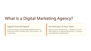 What is a Digital Marketing Agency?
Digital Channel Experts
A service provider that leverages digital channels to
build your brand's visibility, reach, and revenue — all
in one place.
An Extension of Your Team
Agencies work alongside you — whether for a one-
time project or an ongoing partnership — acting as
your dedicated marketing arm.
 