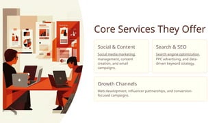 Core Services They Offer
Social & Content
Social media marketing,
management, content
creation, and email
campaigns.
Search & SEO
Search engine optimization,
PPC advertising, and data-
driven keyword strategy.
Growth Channels
Web development, influencer partnerships, and conversion-
focused campaigns.
 
