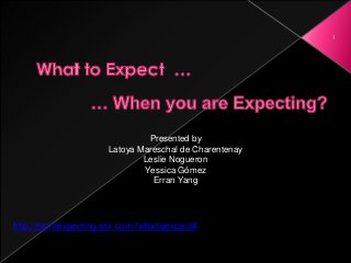 1
http://momexpecting.wix.com//whattoexpect#
Presented by
Latoya Mareschal de Charentenay
Leslie Nogueron
Yessica Gómez
Erran Yang
 
