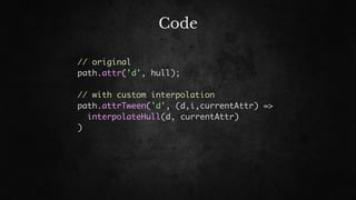 Code
// original
path.attr('d', hull);
// with custom interpolation
path.attrTween('d', (d,i,currentAttr) =>
interpolateHull(d, currentAttr)
)
 