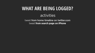 WHAT ARE BEING LOGGED?
tweet from home timeline on twitter.com
tweet from search page on iPhone
activities
 