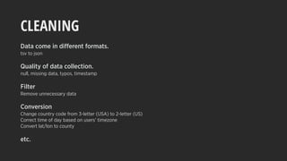 CLEANING
Data come in different formats.
tsv to json
Quality of data collection.
null, missing data, typos, timestamp
Filter
Remove unnecessary data
Conversion
Change country code from 3-letter (USA) to 2-letter (US)
Correct time of day based on users’ timezone
Convert lat/lon to county
etc.
 