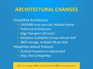 Simplified Architecture
• CAS/MBX now one role: Mailbox Server
• Preferred Architecture
• Edge Transport still exists
• Database Availability Group without AAP
• JBOD storage, multiple DB per disk
MapiHttp default Protocol
• Outlook Anywhere is deprecated
• http://bit.ly/MapiHttp
Note on storage: SAN is fully supported, NFS is not supported.
ARCHITECTURAL CHANGES
 