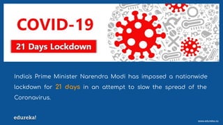 www.edureka.co
India's Prime Minister Narendra Modi has imposed a nationwide
lockdown for 21 days in an attempt to slow th...
