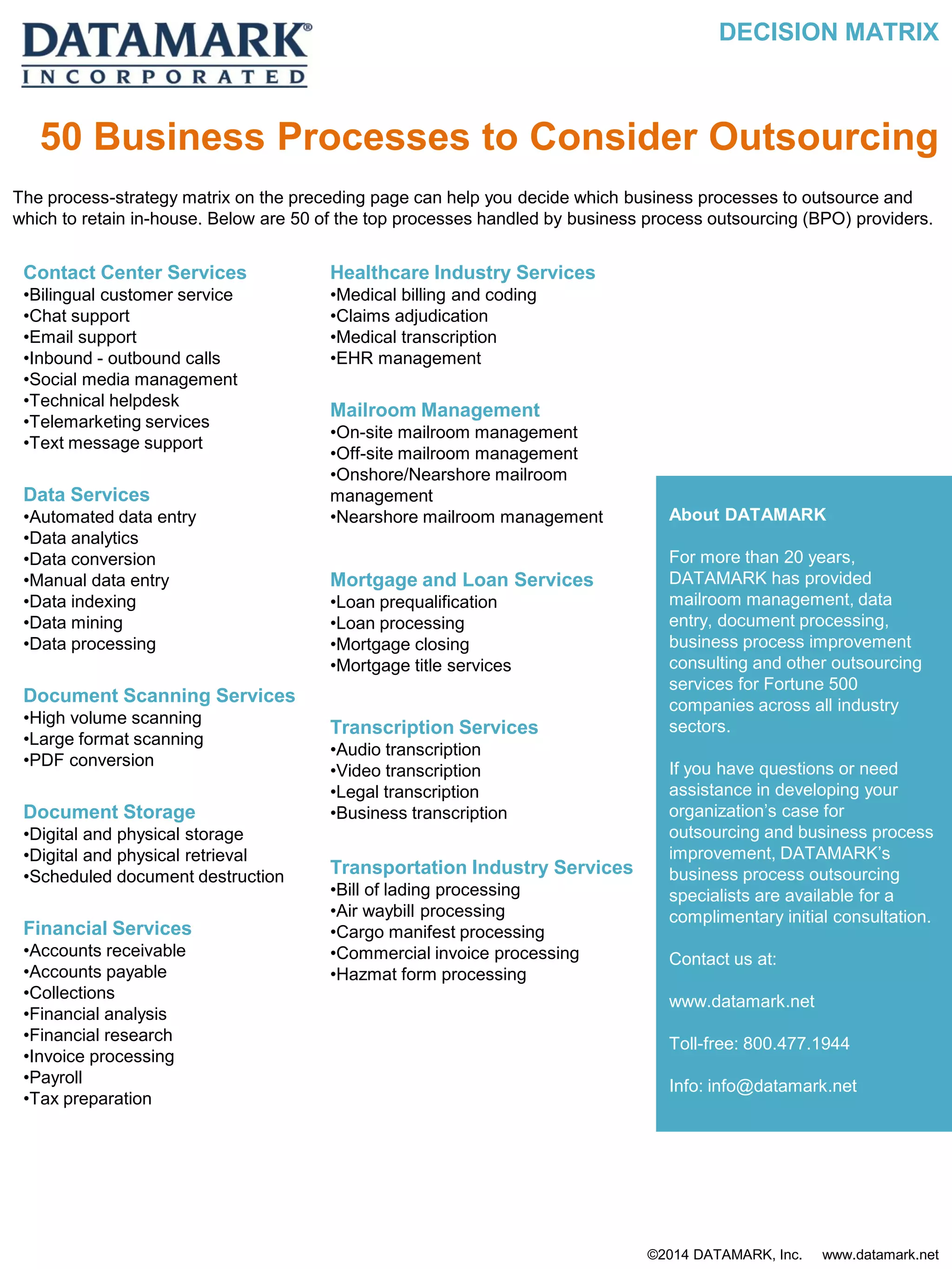 DECISION MATRIX
About DATAMARK
For more than 20 years,
DATAMARK has provided
mailroom management, data
entry, document processing,
business process improvement
consulting and other outsourcing
services for Fortune 500
companies across all industry
sectors.
If you have questions or need
assistance in developing your
organization’s case for
outsourcing and business process
improvement, DATAMARK’s
business process outsourcing
specialists are available for a
complimentary initial consultation.
Contact us at:
www.datamark.net
Toll-free: 800.477.1944
Info: info@datamark.net
50 Business Processes to Consider Outsourcing
Contact Center Services
•Bilingual customer service
•Chat support
•Email support
•Inbound - outbound calls
•Social media management
•Technical helpdesk
•Telemarketing services
•Text message support
Data Services
•Automated data entry
•Data analytics
•Data conversion
•Manual data entry
•Data indexing
•Data mining
•Data processing
Healthcare Industry Services
•Medical billing and coding
•Claims adjudication
•Medical transcription
•EHR management
Transportation Industry Services
•Bill of lading processing
•Air waybill processing
•Cargo manifest processing
•Commercial invoice processing
•Hazmat form processing
Mailroom Management
•On-site mailroom management
•Off-site mailroom management
•Onshore/Nearshore mailroom
management
•Nearshore mailroom management
Financial Services
•Accounts receivable
•Accounts payable
•Collections
•Financial analysis
•Financial research
•Invoice processing
•Payroll
•Tax preparation
Transcription Services
•Audio transcription
•Video transcription
•Legal transcription
•Business transcription
Mortgage and Loan Services
•Loan prequalification
•Loan processing
•Mortgage closing
•Mortgage title services
Document Scanning Services
•High volume scanning
•Large format scanning
•PDF conversion
Document Storage
•Digital and physical storage
•Digital and physical retrieval
•Scheduled document destruction
The process-strategy matrix on the preceding page can help you decide which business processes to outsource and
which to retain in-house. Below are 50 of the top processes handled by business process outsourcing (BPO) providers.
©2014 DATAMARK, Inc. www.datamark.net
 