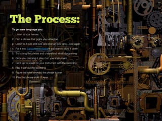 The Process:
To get new language you:
1. Listen to your heroes
2. Find a phrase that grabs your attention
3. Listen to it over and over and over an over and…over again
4. Put it into Transcribe Software if you want to slow it down
5. Try to sing the phrase and understand what’s happening
6. Once you can sing it, play it on your instrument
7. Get it up to speed on your instrument with the recording
8. Play it without the recording
9. Figure out what chord(s) the phrase is over
10. Play the phrase in all 12 keys
 